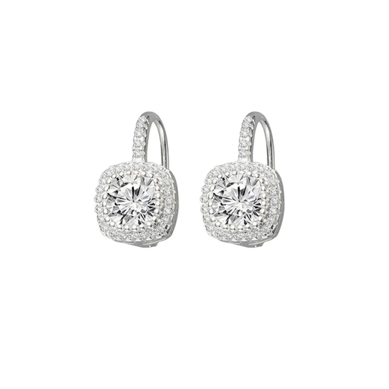 Suni - Sterling silver princess cut CZ stone with halo, leverback clasp