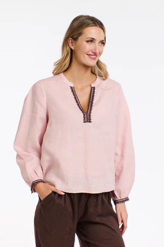 ANIKA DUSTY PINK EMBROIDERED LINEN TOP