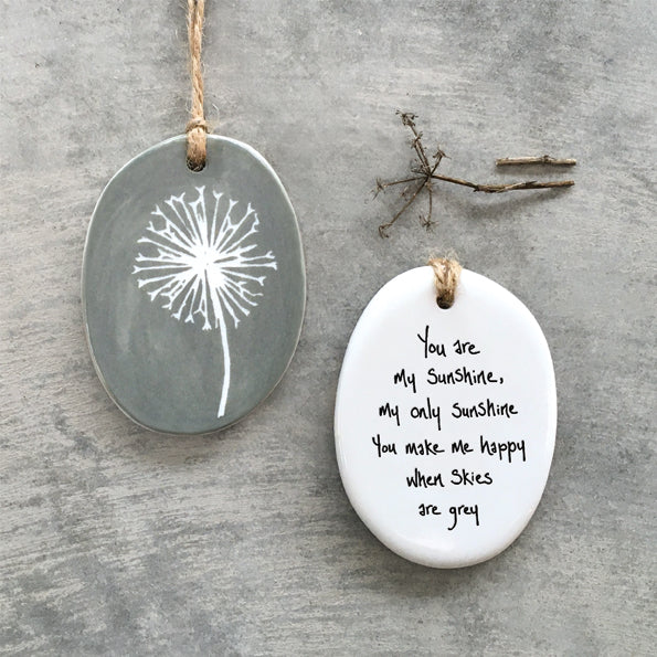 Oval Sgraffito Porcelain Hanger - you are my sunshine