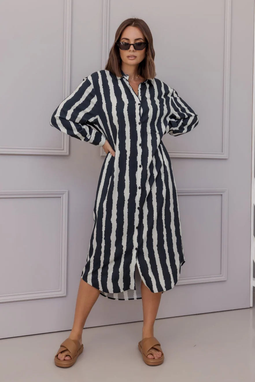 BANTAS Dress Navy Textured Stripe