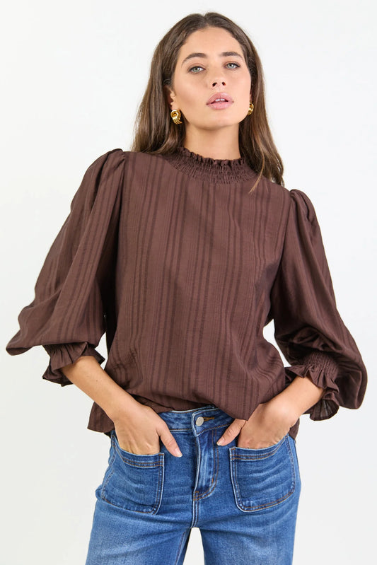 Embrace Chocolate Self Stripe Shirred Neck Top