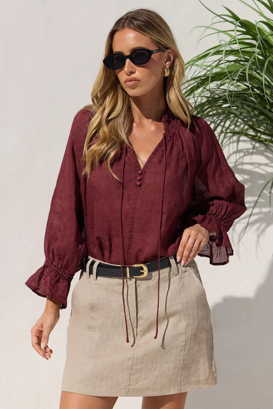 Expedition Burgundy Shirred Neck Short Sleeve Top
