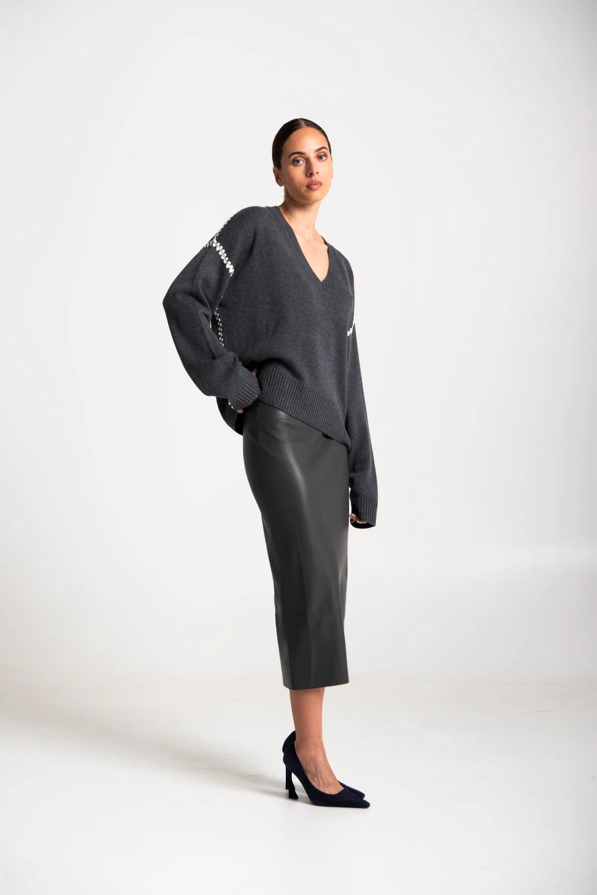 Merino Wool V Neck Contrast Blanket Stitch Trim Tunic Brac Grey Chalk