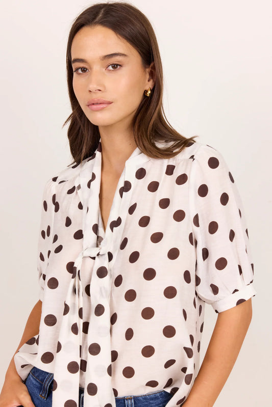 Providence Chocolate Polka Dot Tie Neck Short Sleeve Top