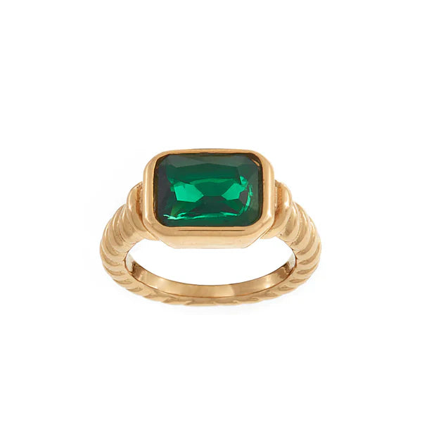 Everly Gold Plate Stainless Steel and Emerald Green Cubic Zirconia Ring