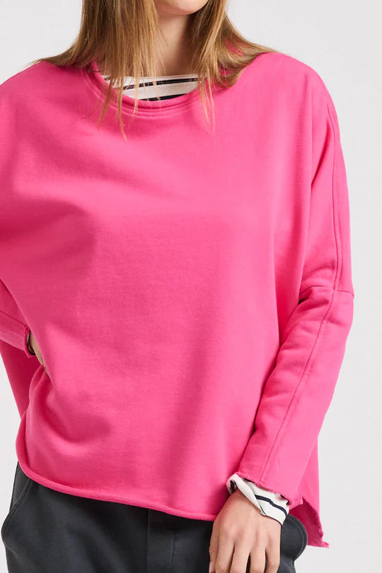 Raw Long Sleeve High-Low Sweatshirt - Fushcia