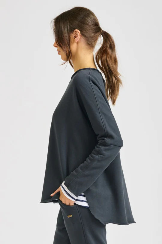 Raw Long Sleeve High-Low Sweatshirt - Black