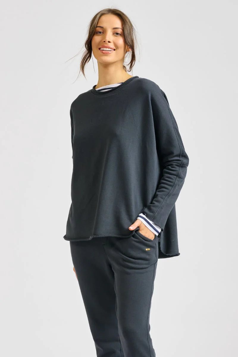 Raw Long Sleeve High-Low Sweatshirt - Black