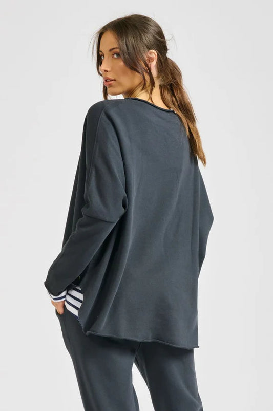 Raw Long Sleeve High-Low Sweatshirt - Black