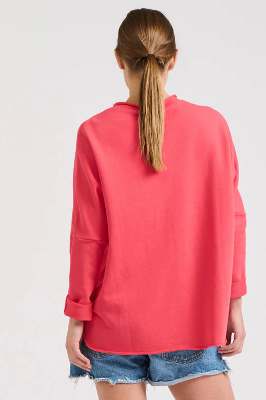 Raw Long Sleeve High-Low Sweatshirt - Cherry Red
