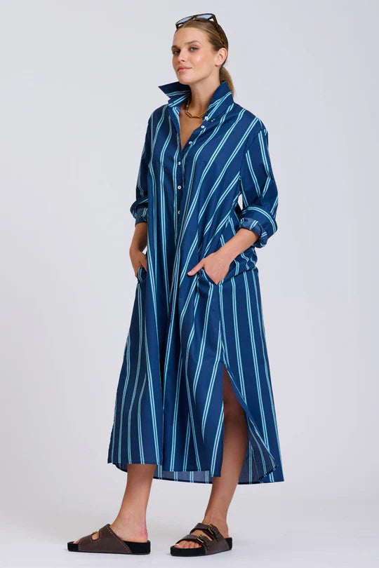 The Luna Oversized Long Line Shirt Dress - Navy with Green Stripe