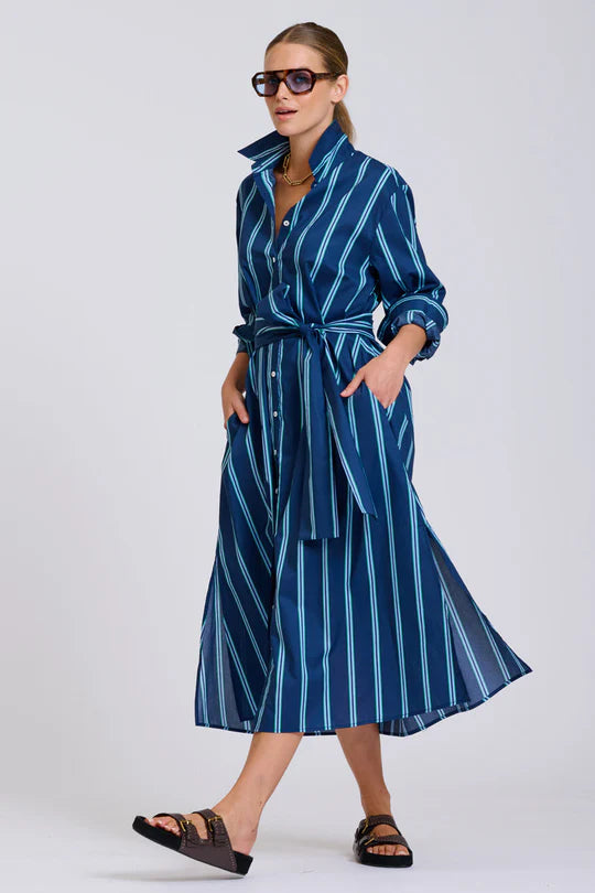 The Luna Oversized Long Line Shirt Dress - Navy with Green Stripe