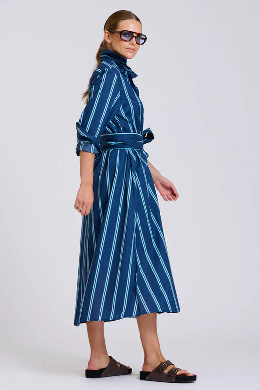 The Luna Oversized Long Line Shirt Dress - Navy with Green Stripe