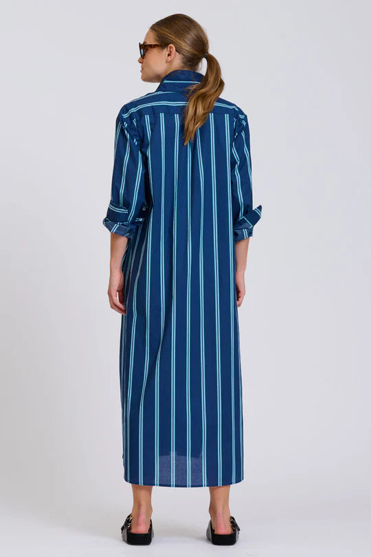 The Luna Oversized Long Line Shirt Dress - Navy with Green Stripe