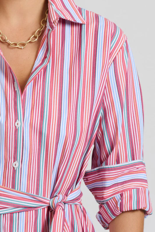 The Luna Oversized Long Line Shirt Dress - Red Multi Stripe