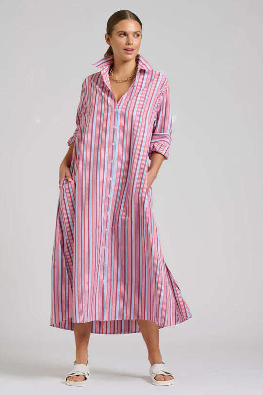 The Luna Oversized Long Line Shirt Dress - Red Multi Stripe