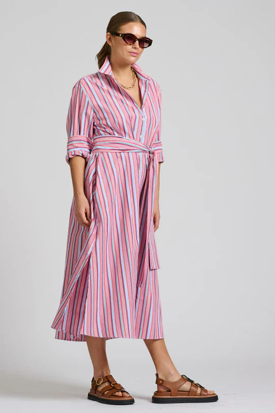 The Luna Oversized Long Line Shirt Dress - Red Multi Stripe