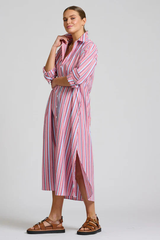 The Luna Oversized Long Line Shirt Dress - Red Multi Stripe