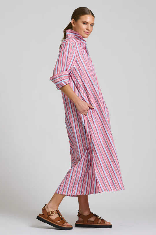 The Luna Oversized Long Line Shirt Dress - Red Multi Stripe