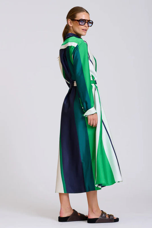The Luxe Luna Longline Shirt Dress - Navy and Green Bold Stripes