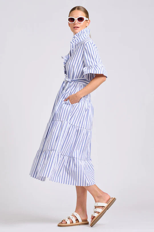 The Molly Oversized Shirt Dress - White with Azure Ticking