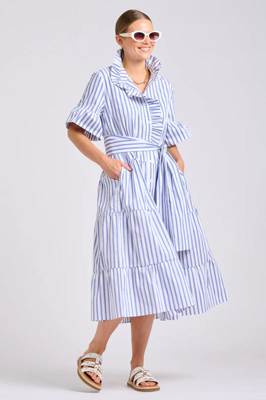 The Molly Oversized Shirt Dress - White with Azure Ticking