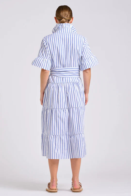 The Molly Oversized Shirt Dress - White with Azure Ticking