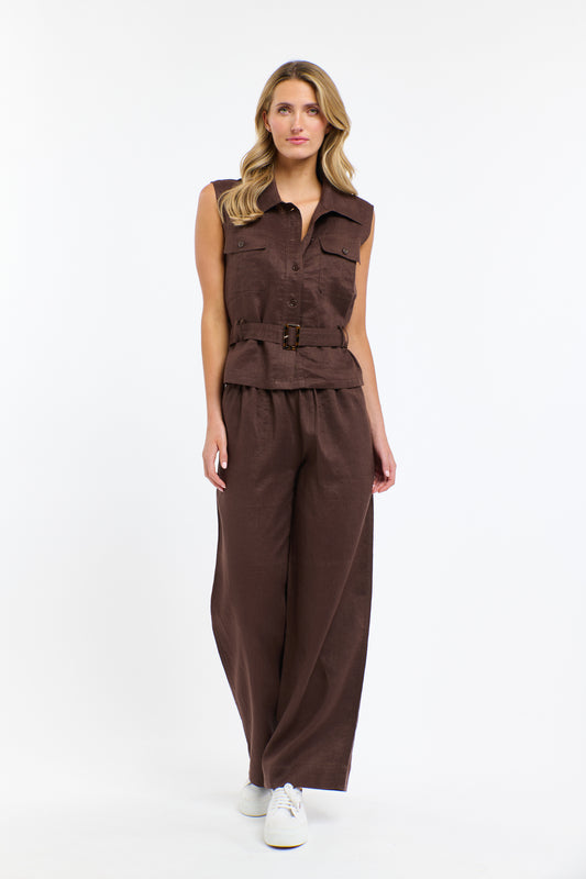 PERRY LINEN  DRAWCORD PANT - Chocolate