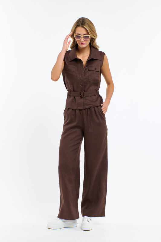 PERRY LINEN  DRAWCORD PANT - Chocolate