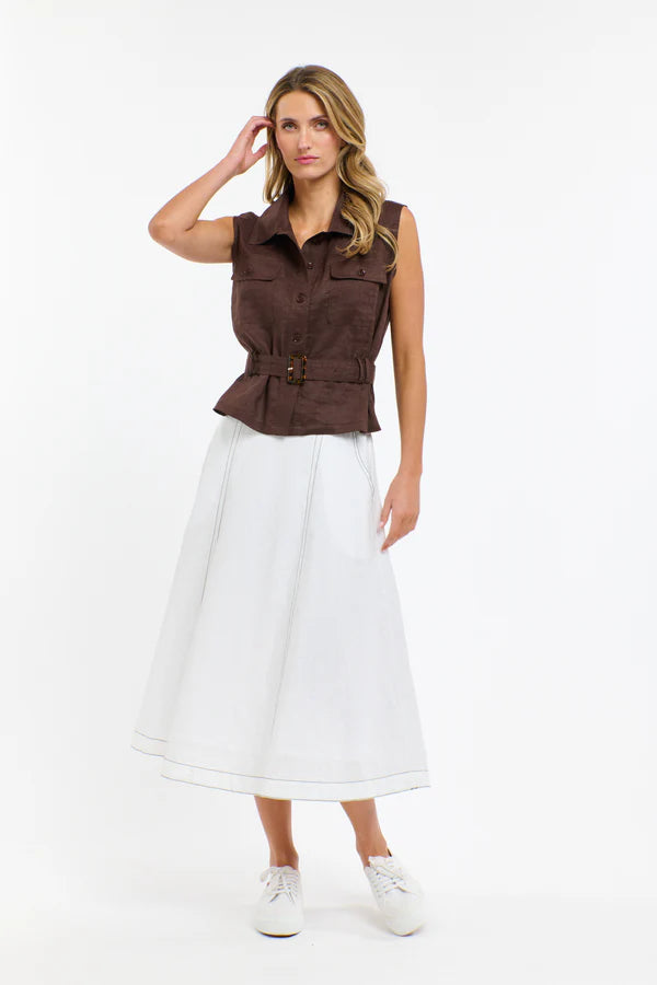 DAKOTA SKIRT - WHITE WITH CHOCOLATE STITCH