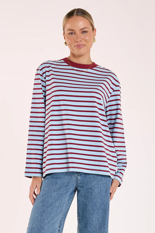 Carter Long Sleeve Tee - Wine Blue Stripe