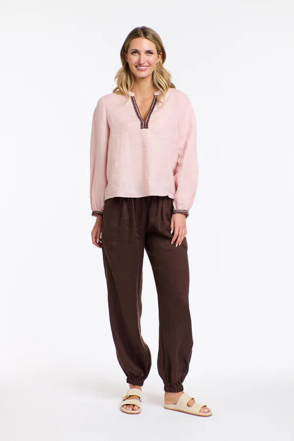 ANIKA DUSTY PINK EMBROIDERED LINEN TOP