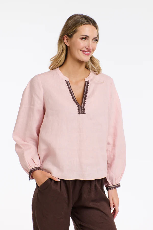 ANIKA DUSTY PINK EMBROIDERED LINEN TOP