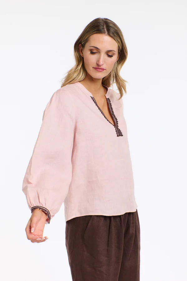 ANIKA DUSTY PINK EMBROIDERED LINEN TOP