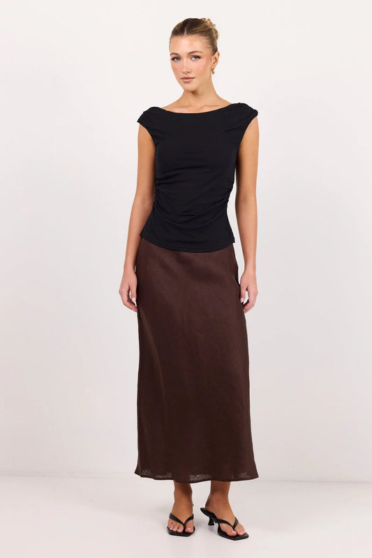 Bliss Dark Chocolate Linen Bias Midi Skirt