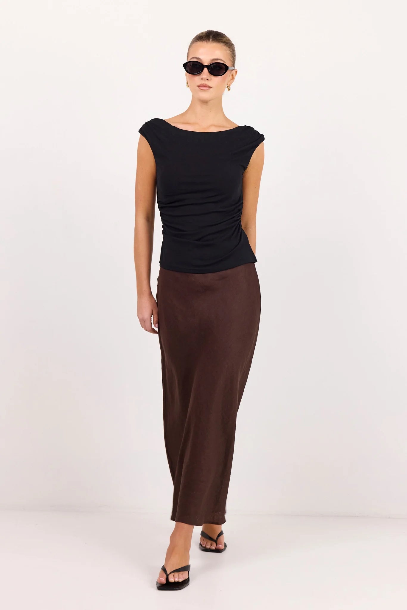 Bliss Dark Chocolate Linen Bias Midi Skirt