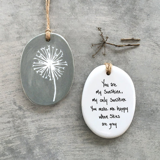 Oval Sgraffito Porcelain Hanger - you are my sunshine