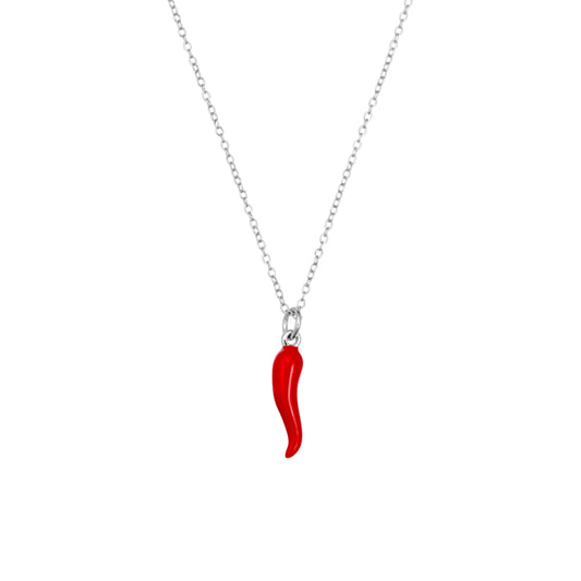 Sterling silver red cornicello horn pendant necklace