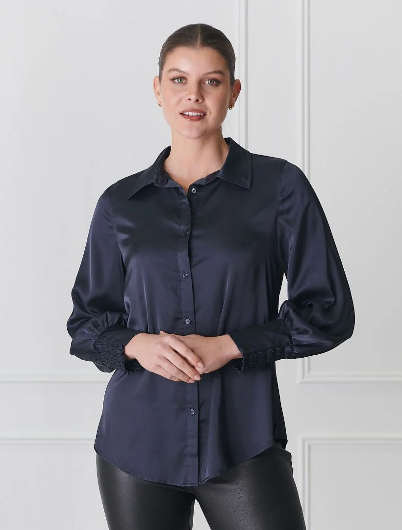 Alanis Lux Satin Shirt Navy
