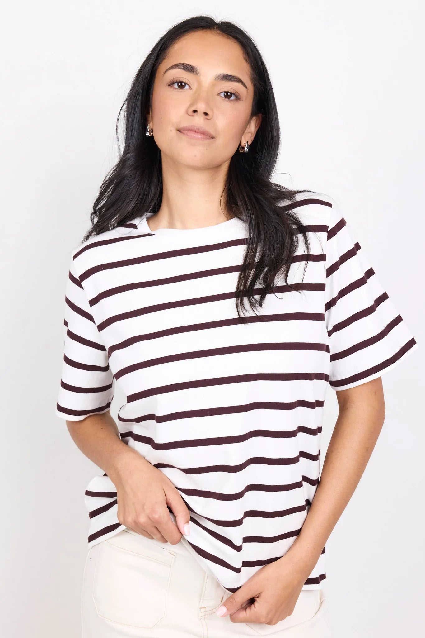 Binding Chocolate White Stripe Boxy Fit Tee