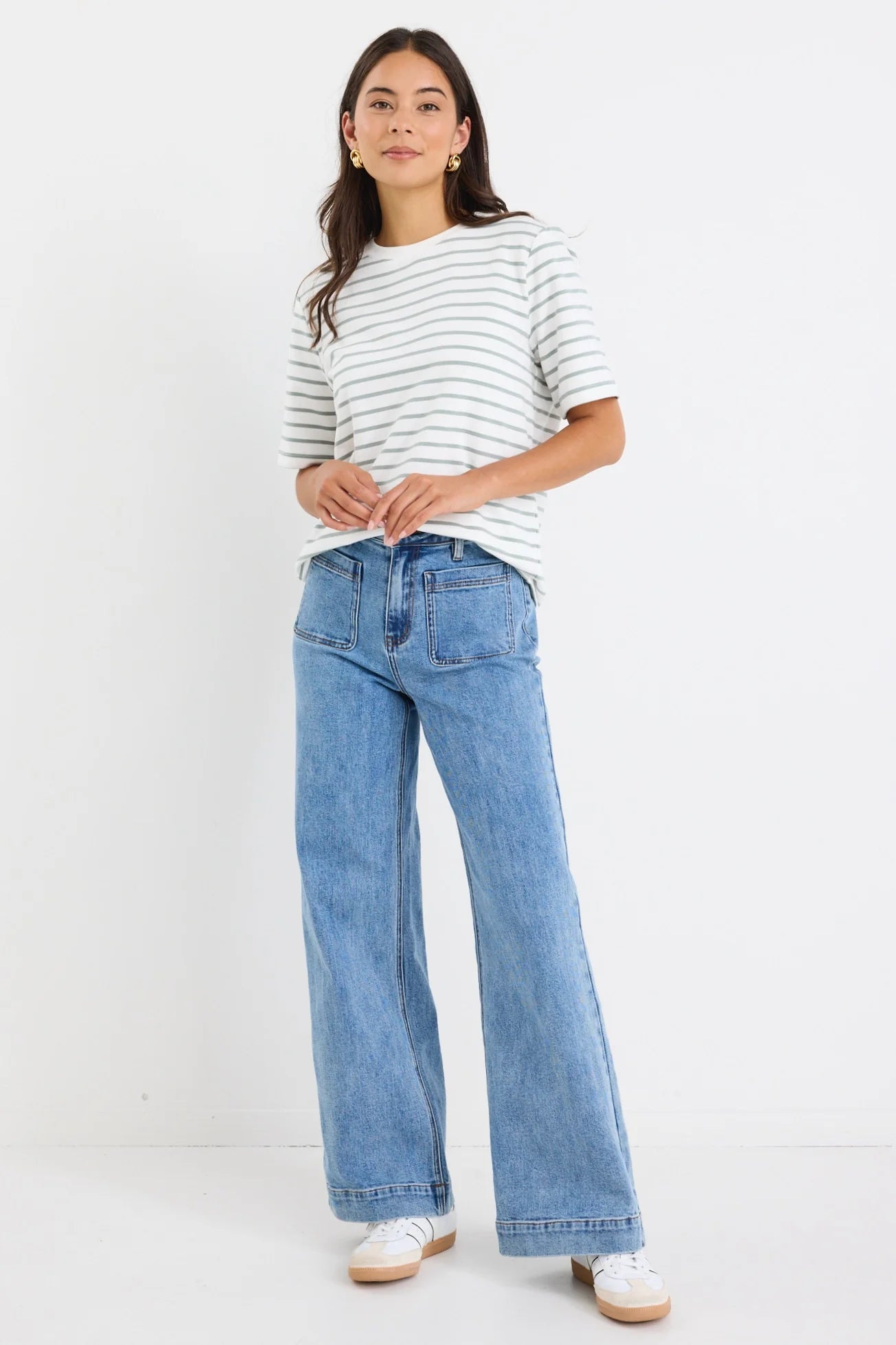 Binding Khaki White Stripe Boxy Fit Tee