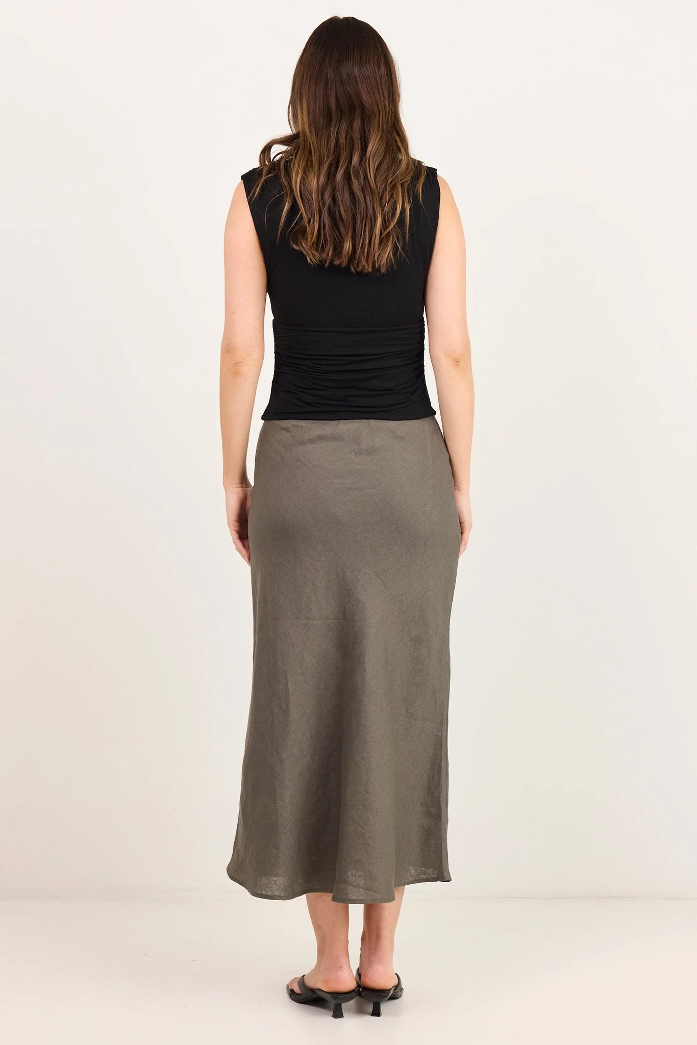 Bliss Dark Olive Linen Bias Midi Skirt