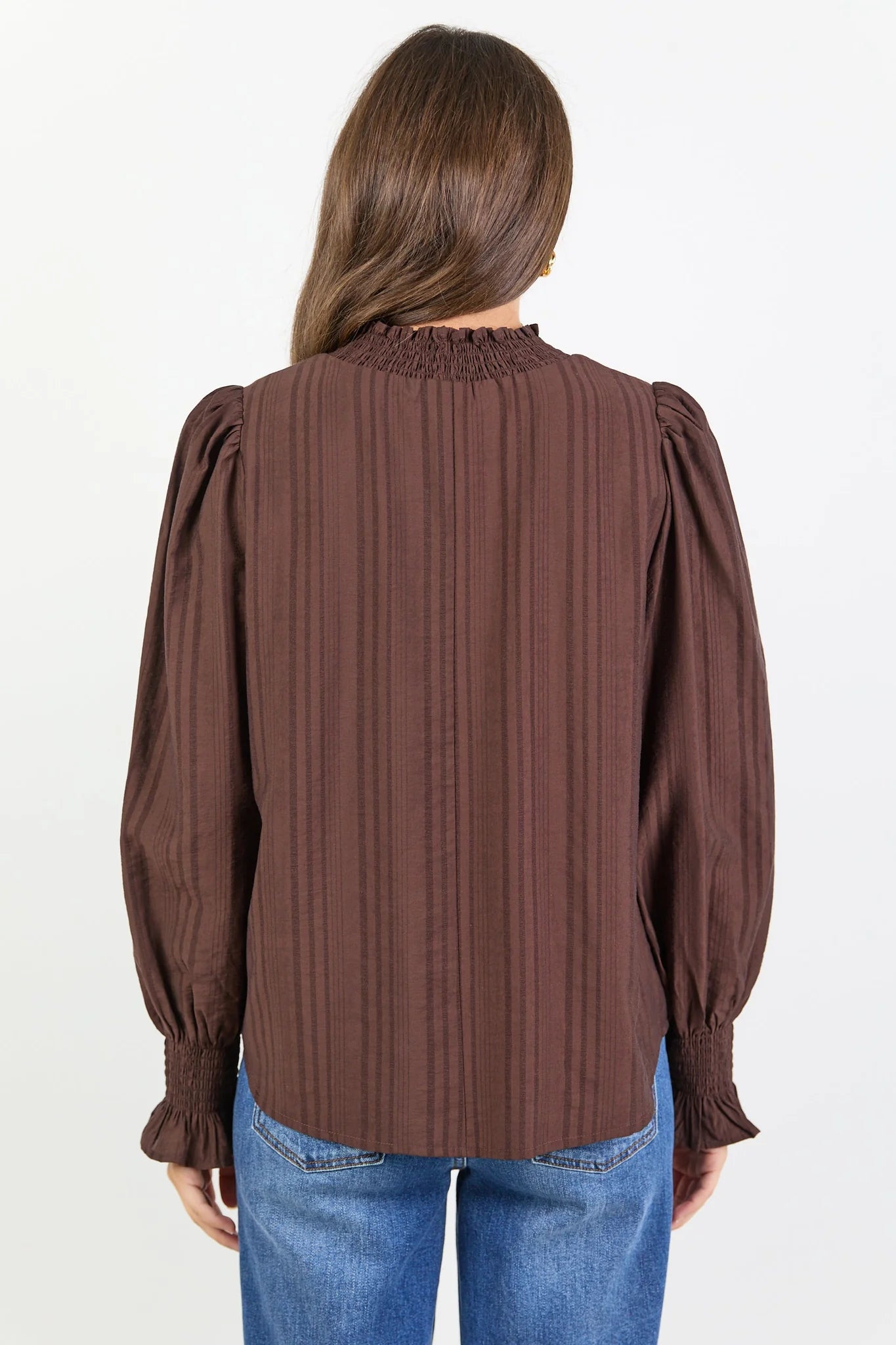 Embrace Chocolate Self Stripe Shirred Neck Top