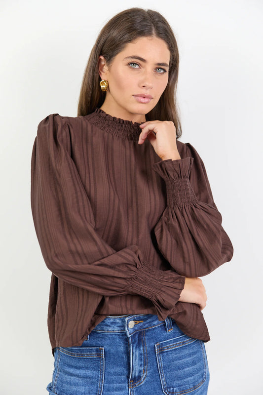 Embrace Chocolate Self Stripe Shirred Neck Top