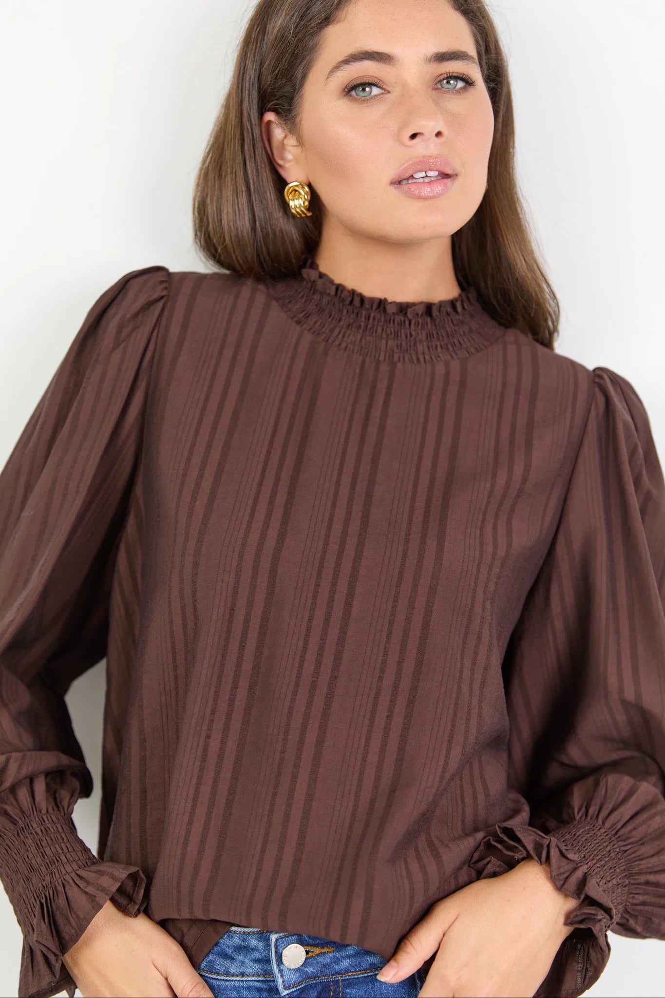 Embrace Chocolate Self Stripe Shirred Neck Top
