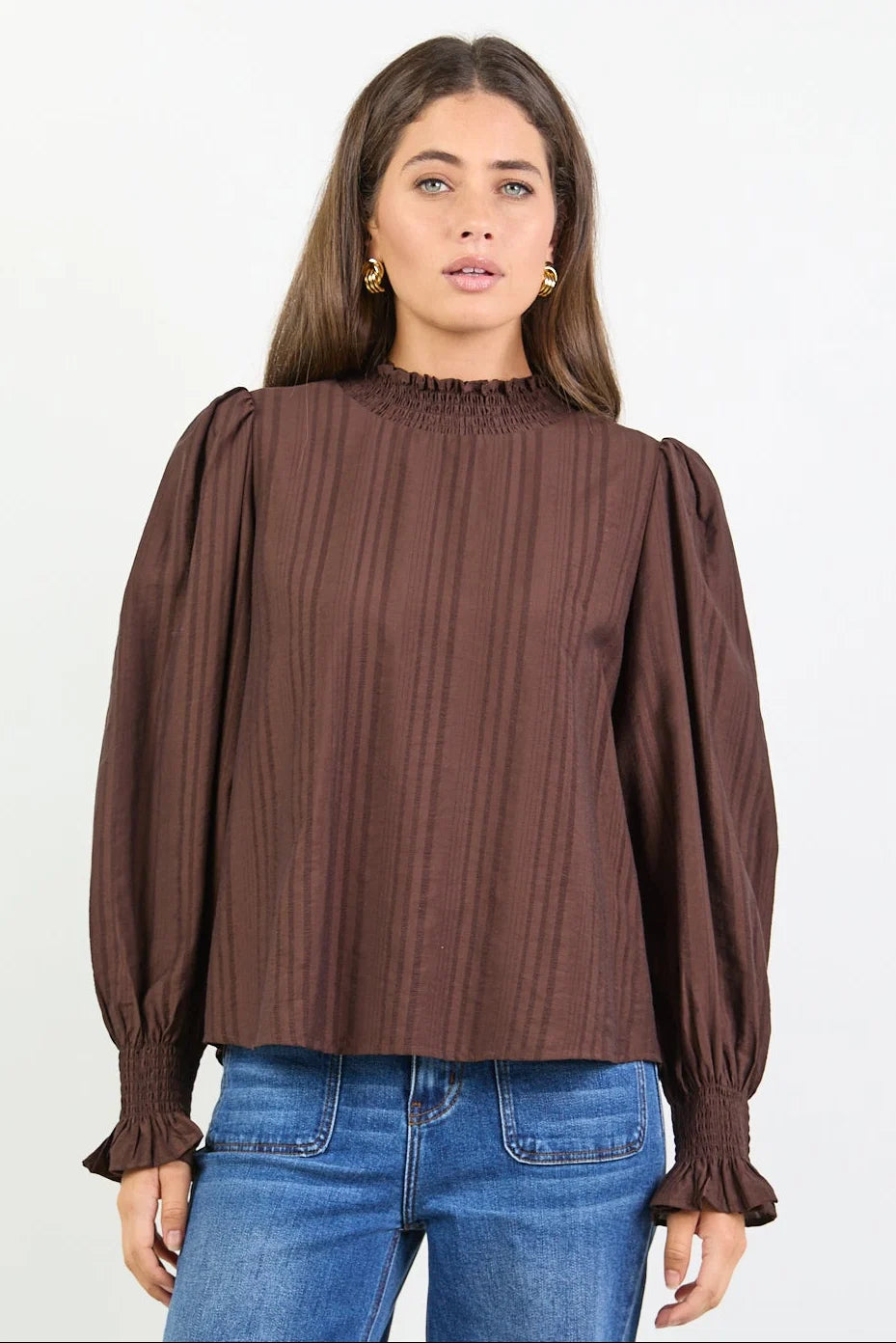 Embrace Chocolate Self Stripe Shirred Neck Top