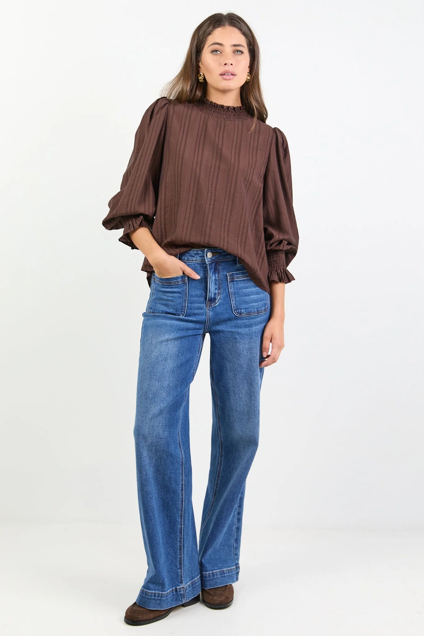 Embrace Chocolate Self Stripe Shirred Neck Top