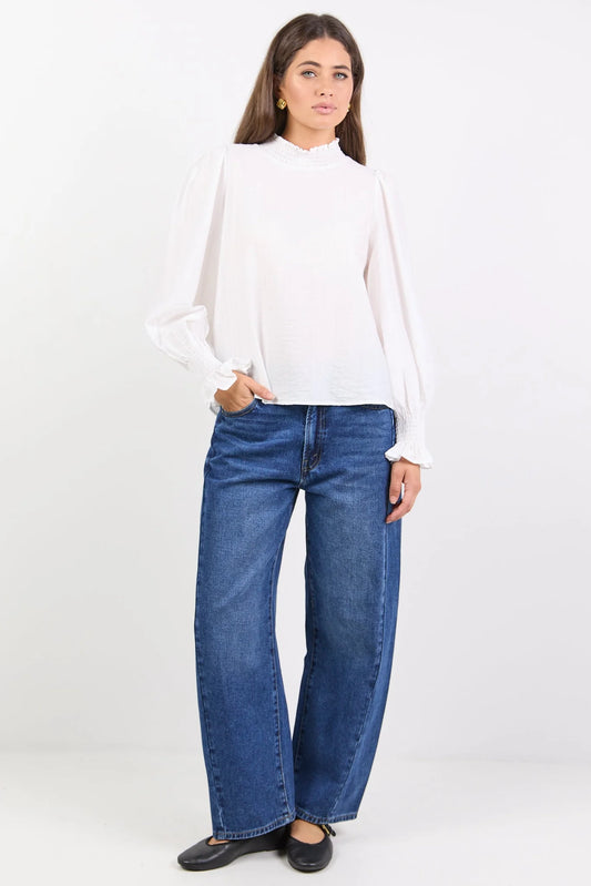 Embrace Ivory Self Stripe Shirred Neck Top