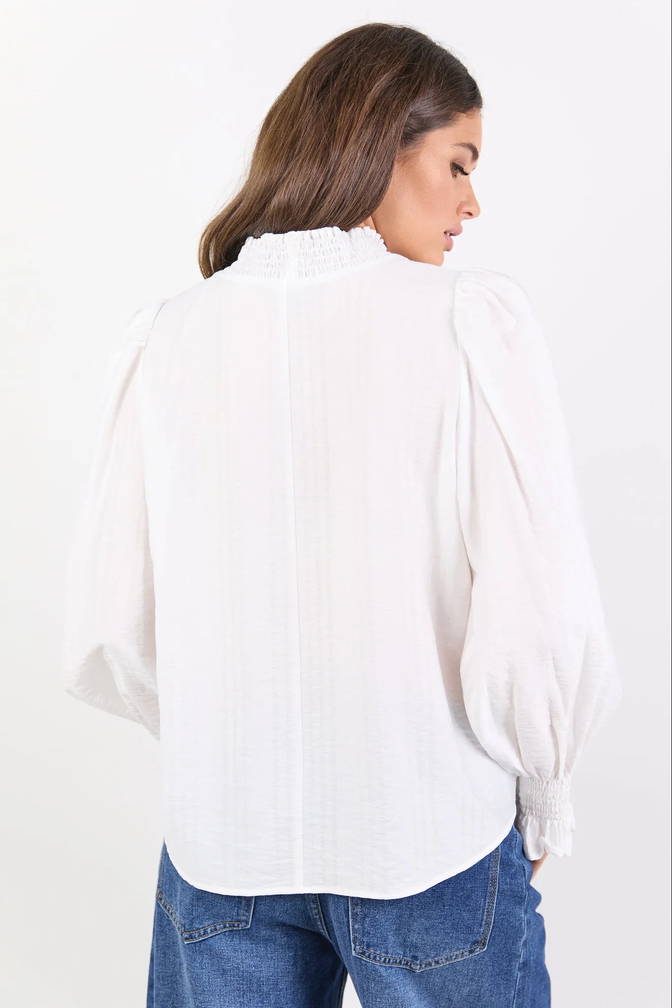 Embrace Ivory Self Stripe Shirred Neck Top