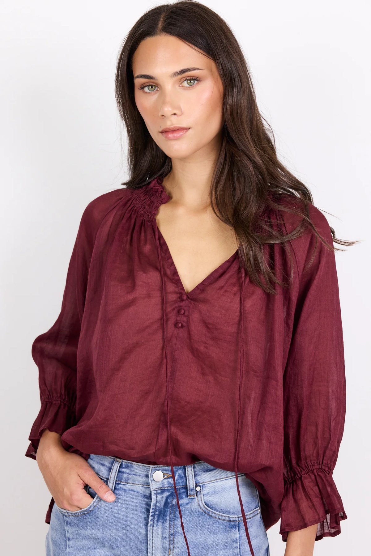 Expedition Burgundy Shirred Neck Short Sleeve Top
